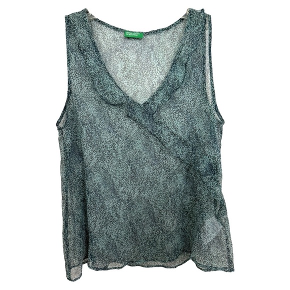 Vintage Y2K Silk Sheer Ruffle Top Size Medium Green Animal Print Made In Italy - Picture 1 of 7